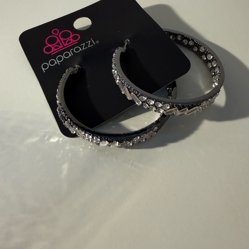 Paparazzi Dazzling Silver and Black Crystal Hoops